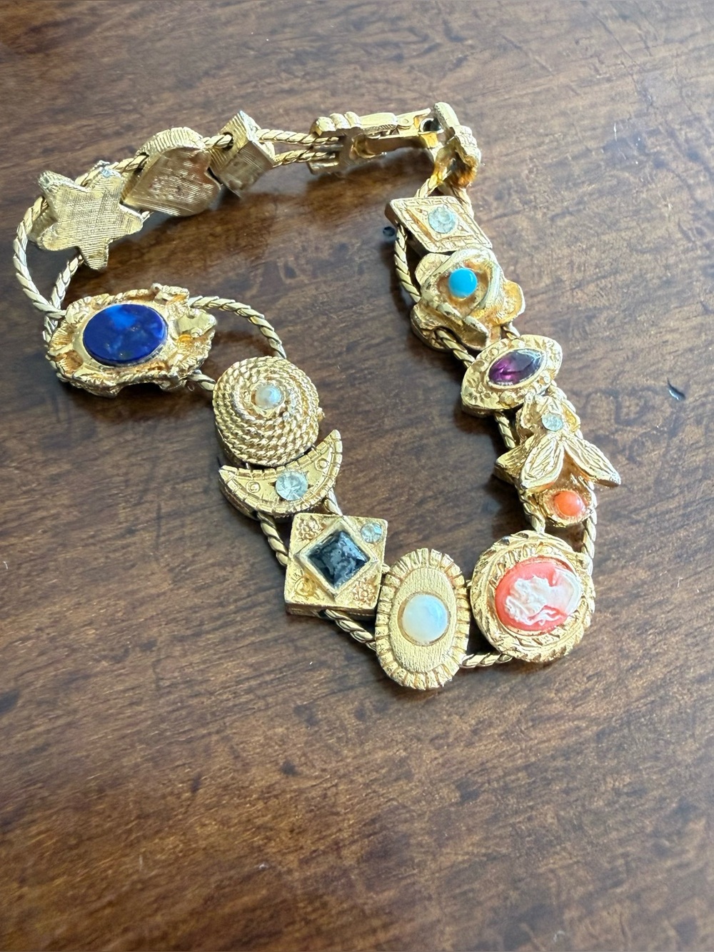 Victorian Style Gold Tone Double Slide Charm Bracelet with Variety of Charms